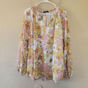 BTFBM Womens Top Size XL Floral Balloon Sleeves Boho Peasant Lightweight Nwt